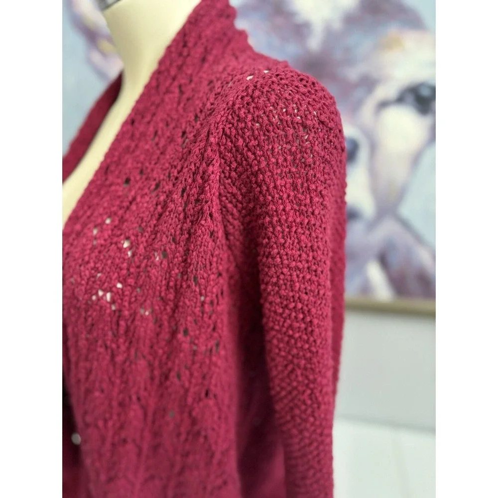 Ann Taylor‎ Loft Women's Medium Maroon Wine Chunkey Knit Long Open Cardigan